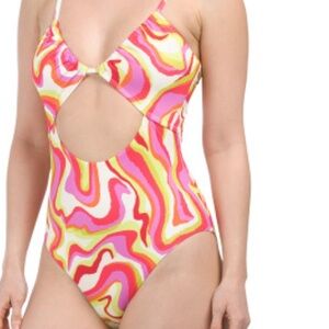 Sanctuary Neon Pink, Lime, and White Swirl One Piece Swimsuit with Cutout.Size M